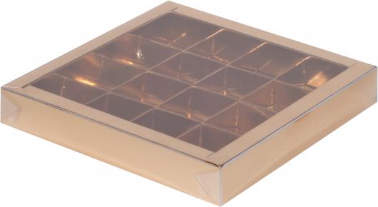Коробка для конфет золотая с пластик крышкой 20*20*3 см (16)