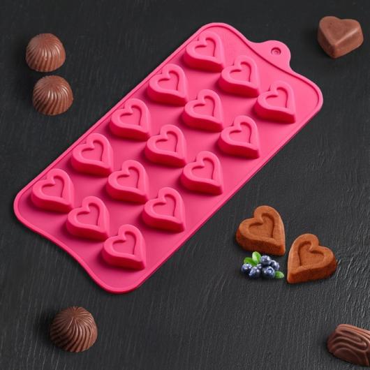 Форма для льда и шоколада «Сердечко», 21×10 см, 15 ячеек (2,7×2,8 см), цвет МИКС