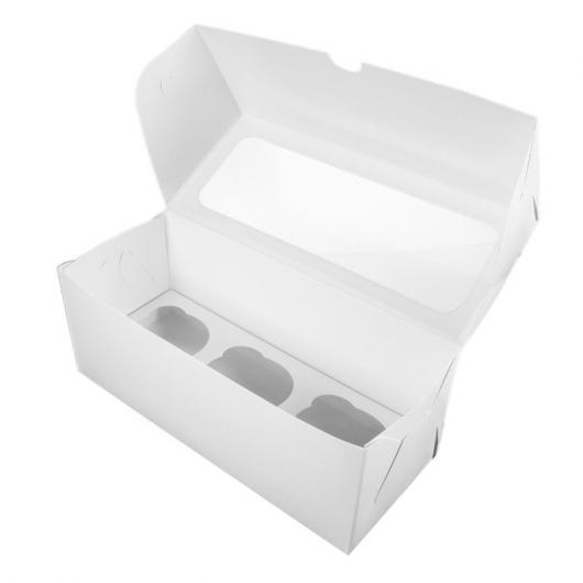 Коробка на 3 капкейка белая с окном, 25*10*10 см