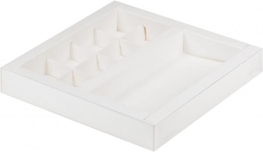 Коробка для конфет (8) + шоколадки белая с пластик крышкой 20*20*3 см 