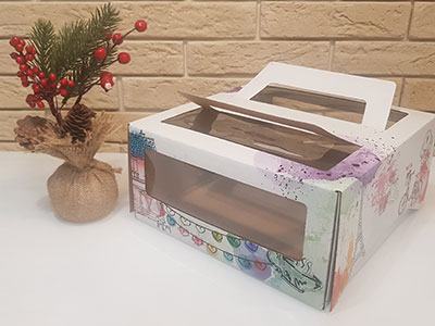 Коробка для торта 22 см*21,5 см*12 см с печатью и ручкой
