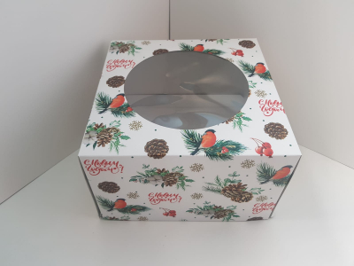 Коробка для торта 30 см*30 см*19 см Снегири Акварель