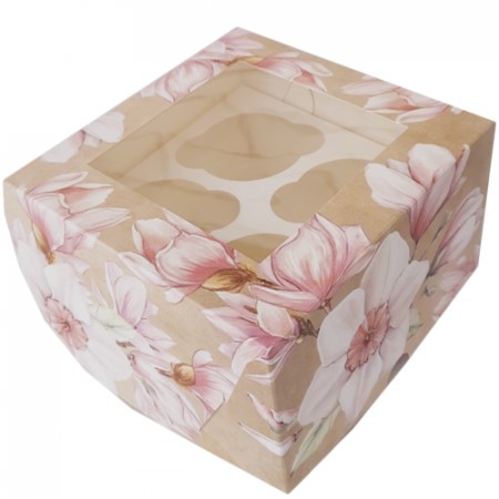 Коробка на 4 капкейка «Нарциссы» крафт, 16×16×10 см