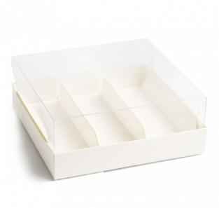 Коробка для эклеров и эскимо с пластиковой крышкой (13,5см*13,5см*6 см 3 ложемента)