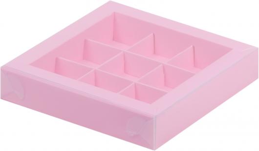 Коробка для конфет розовая матовая с пластик крышкой 15,5 *15,5 *3 см (9)